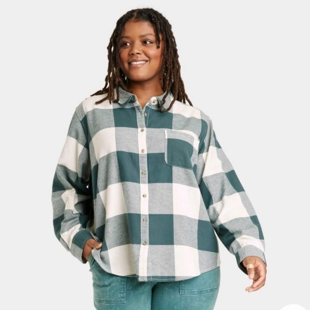 **NWT** Women's Universal Thread Plus Size 2x Teal Green Plaid Flannel
